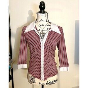 VTG 90s Anxiety Cafe Red White Black Striped Fitted Blouse Top Cute